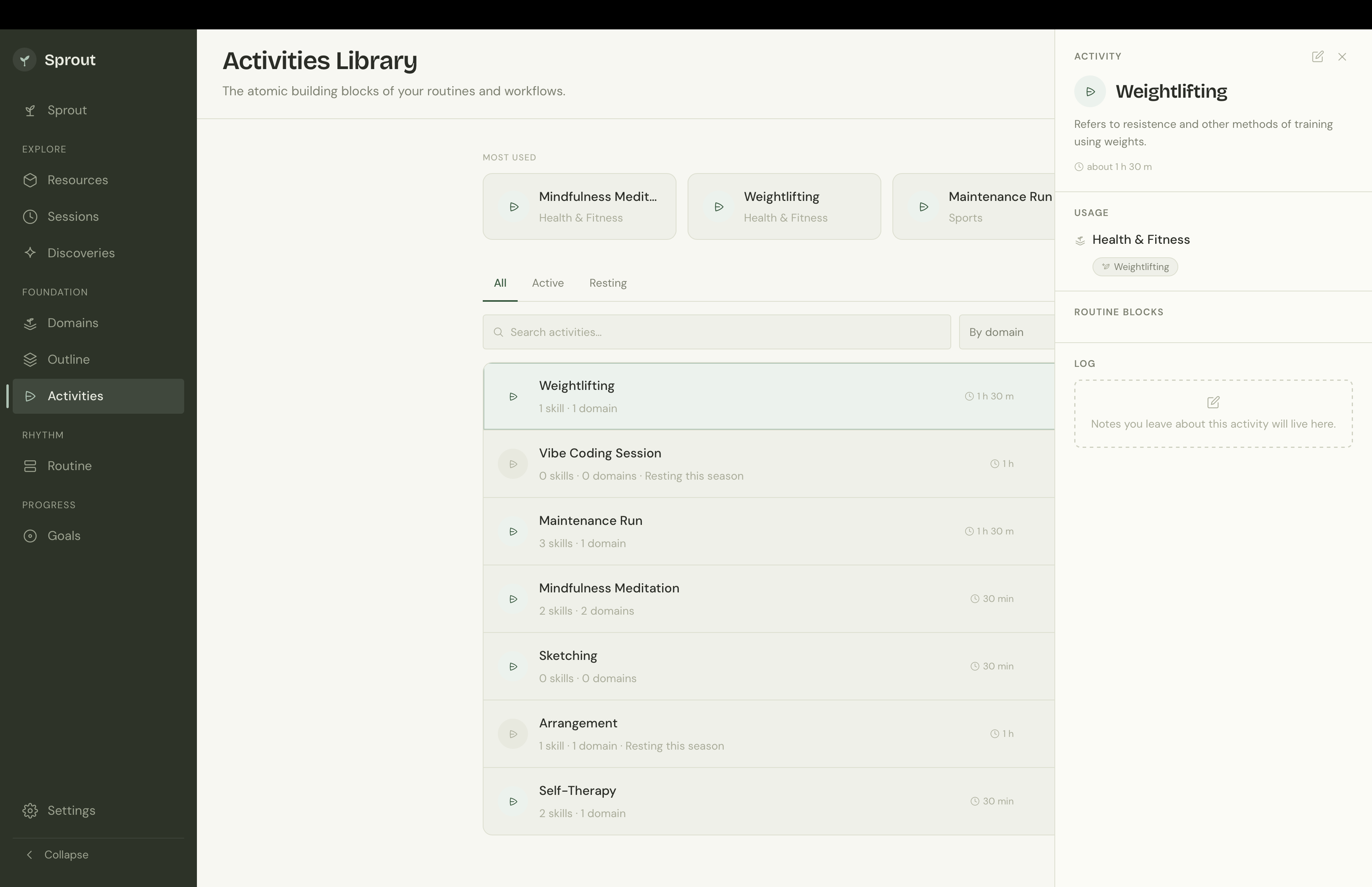 The Activities Library: a searchable list of activities, each linked to the skills and domains it grows