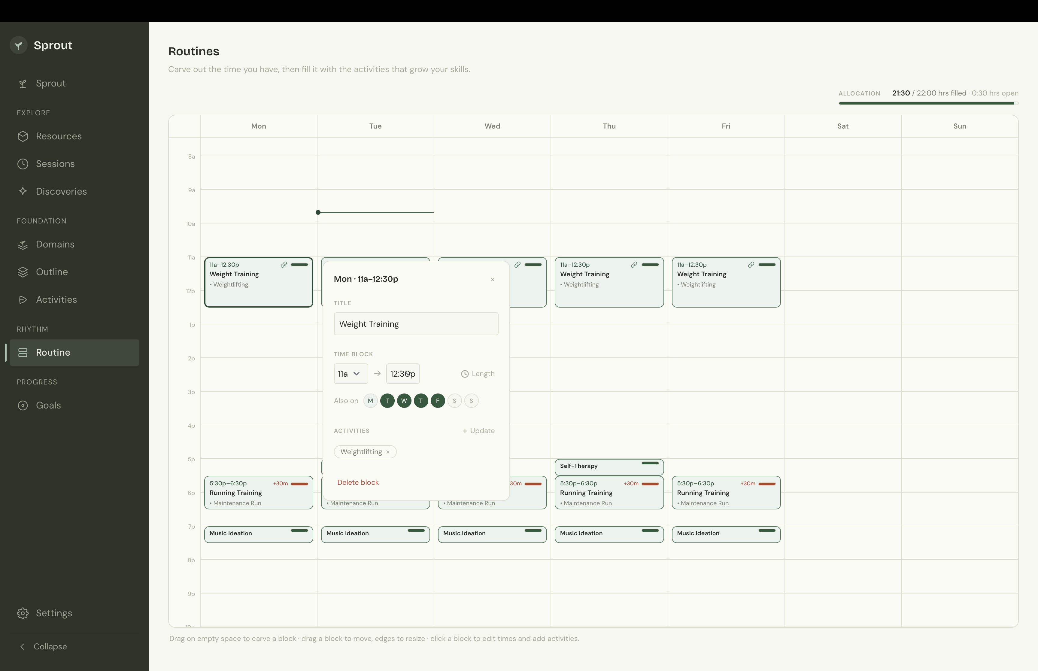 The Routine page: a weekly calendar with time blocks for training, music, and practice